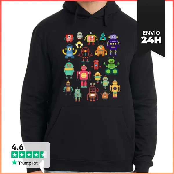 Sudadera Unisex Con Capucha Colección De Robots Retro Coloridos Y
