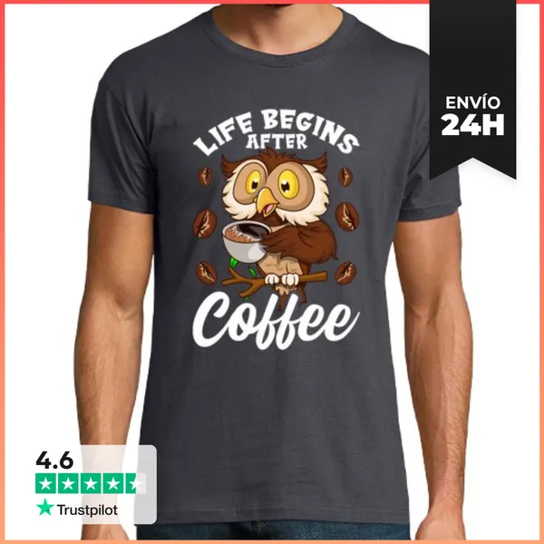Camiseta Hombre Clásica Life Begins After Coffee Café Búho