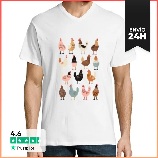 Camiseta Hombre, Cuello Pico Vibraciones De Pollo Vintage De Moda
