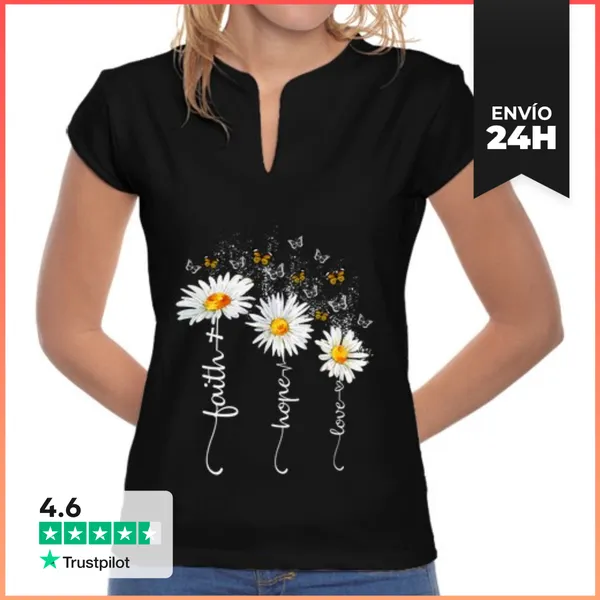 Camiseta Mujer Cuello Mao Fe Esperanza Amor Mariposa Margarita