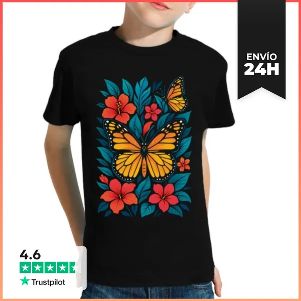 Camiseta Clásica Para Niños Mariposa Monarca Flores Hibisco