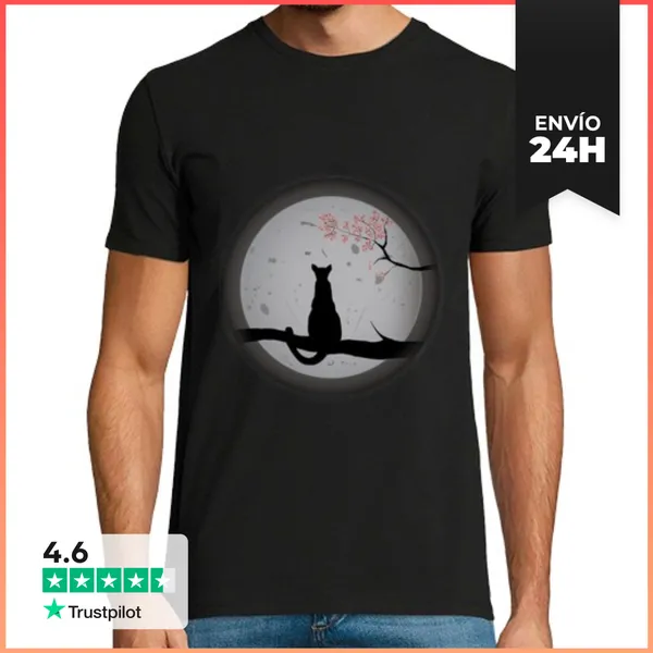 Camiseta Hombre Clásica Gato Contemplando La Luna LaTostadora