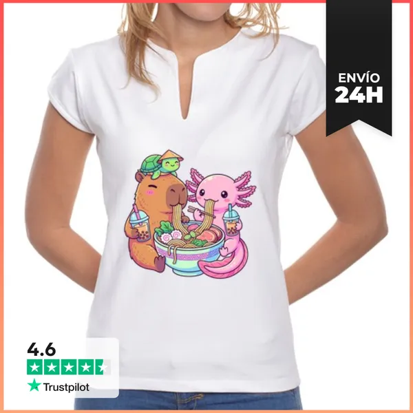 Camiseta Mujer Cuello Mao Lindo Axolote Capibara Tortuga Ramen