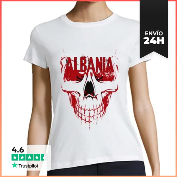Camiseta Mujer Clásica Calavera Albania, Bandera Albania Grunge