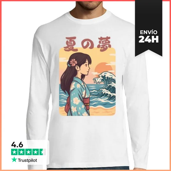 Camiseta Hombre Manga Larga Sueño De Verano Japonés Vintage
