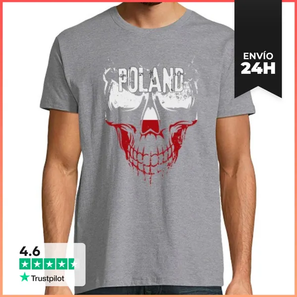 Camiseta Hombre Clásica Calavera Polonia, Bandera Polonia Grunge
