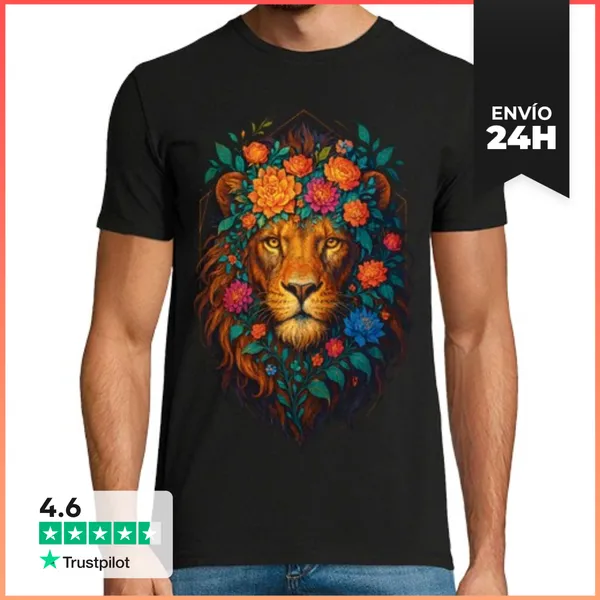 Camiseta Hombre Clásica Leon Floral Primavera Flores Ornamental