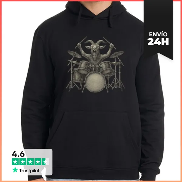 Sudadera Unisex Con Capucha Bateria Cabra Metal Rock Demonio