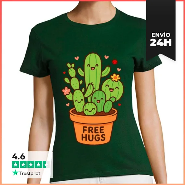 Camiseta Mujer Clásica Cactus Abrazos Gratis Free Hugs Kawaii