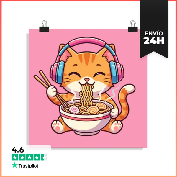 Póster Cuadrado Gato Kawaii Ramen Música LaTostadora