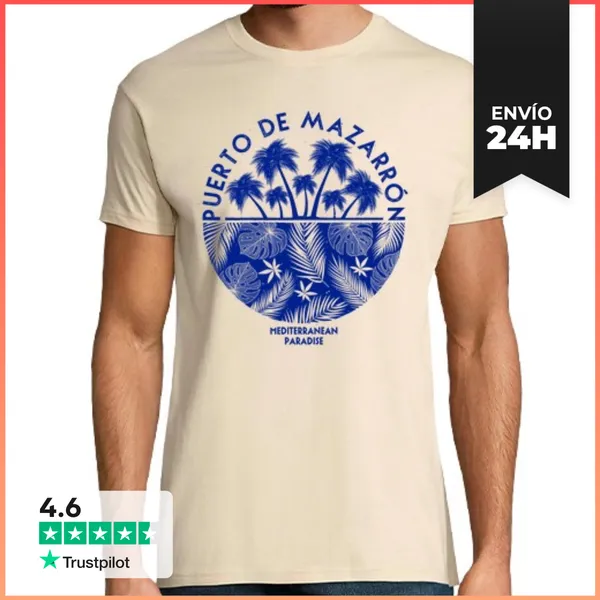 Camiseta Hombre Clásica Palm Trees And Leaves Emblem - Blue