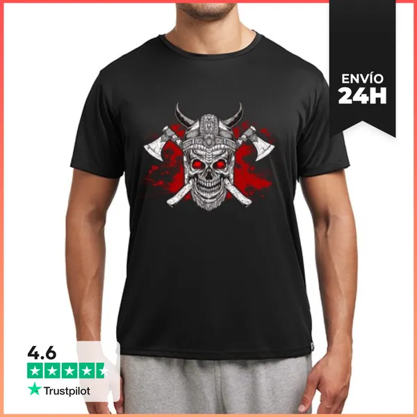 Camiseta Deportiva Hombre Sangre Vikinga Calavera Hachas Odin