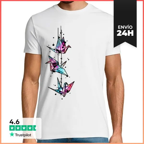 Camiseta Hombre Clásica Origami Blanco Grúa Acuarela LaTostadora