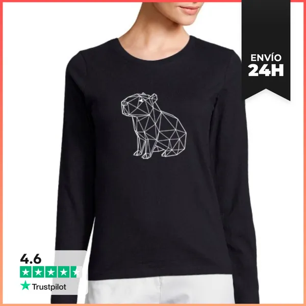 Camiseta Mujer Manga Larga Capibara Sentada Líneas Blancas Estilo