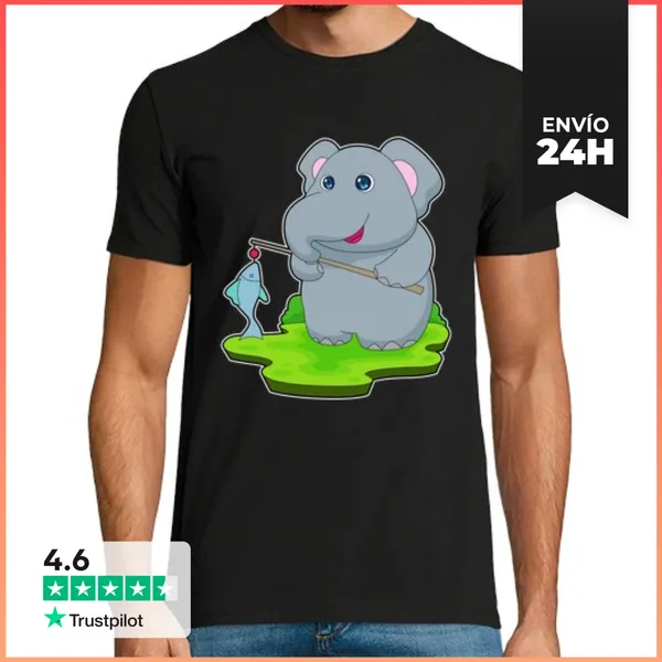 Camiseta Hombre Clásica Pescador De Elefantes Con Caña De Pesca