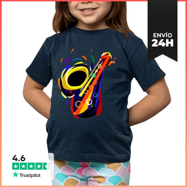 Camiseta Clásica Para Niños Sax Niño, Manga Corta, Azul Marino