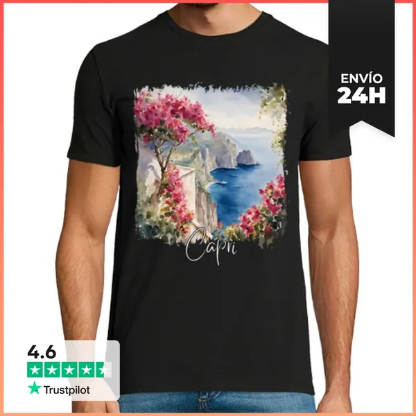 Camiseta Hombre Clásica Acuarela De Capri, Capri Italia
