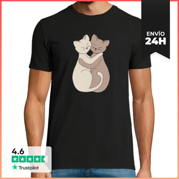 Camiseta Hombre Clásica Ilustración De Amistad De Gatos Abrazán
