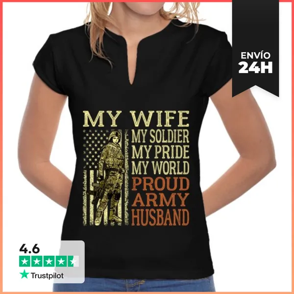 Camiseta Mujer Cuello Mao Mi Esposa Mi Soldado Héroe Orgulloso