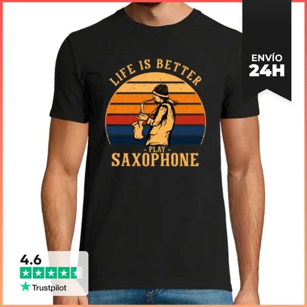 Camiseta Hombre Clásica La Vida Es Mejor Saxofón Retro