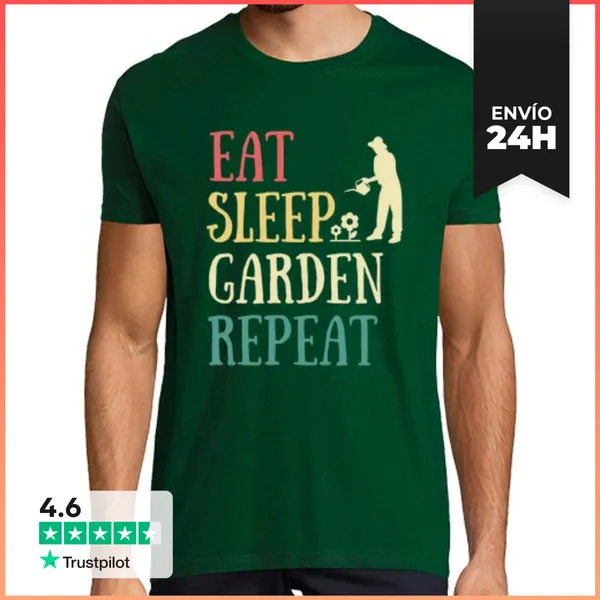 Camiseta Hombre Clásica Comer Dormir Jardín Humor Jardinería