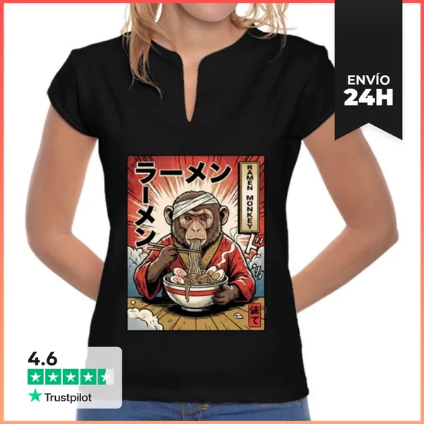 Camiseta Mujer Cuello Mao Mono Comiendo Ramen De Pop Art Japonés