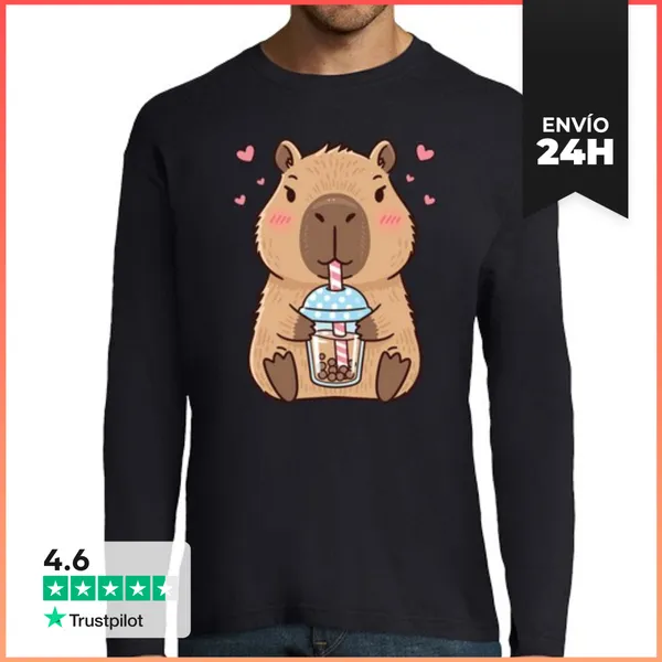 Camiseta Hombre Manga Larga Capibara Kawaii Con Té De Burbujas