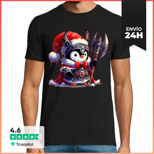 Camiseta Hombre Clásica Pingüino Vikingo De Navidad Kawaii Xmas