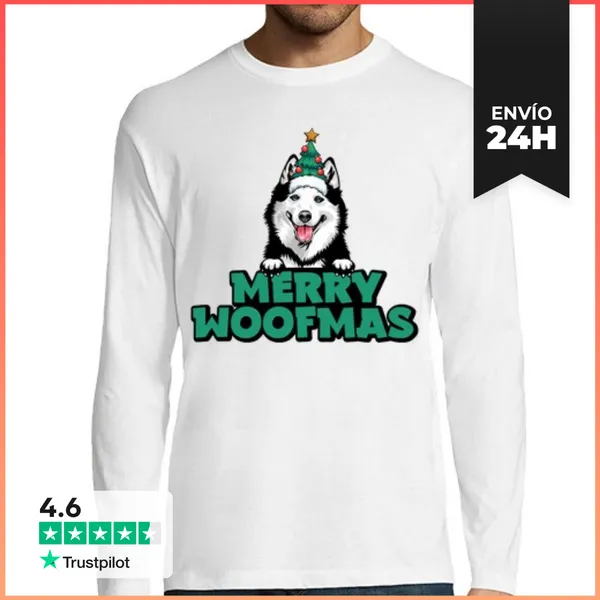 Camiseta Hombre Manga Larga Feliz Woofmas Gracioso Husky Perro