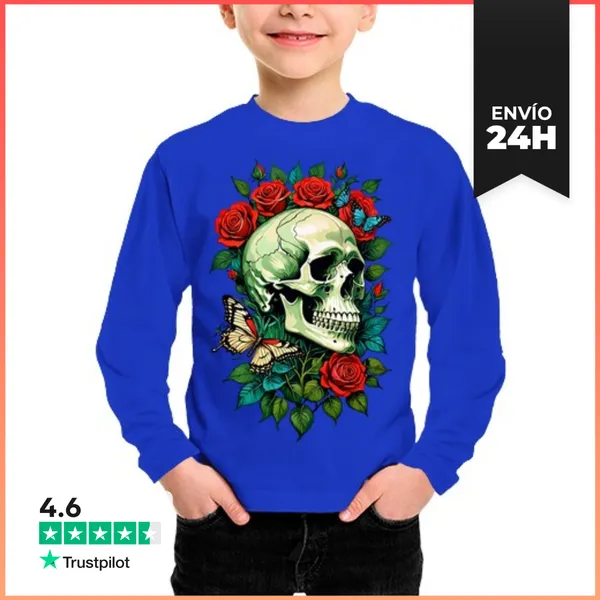 Camiseta Manga Larga Para Niños Calavera Y Rosa LaTostadora