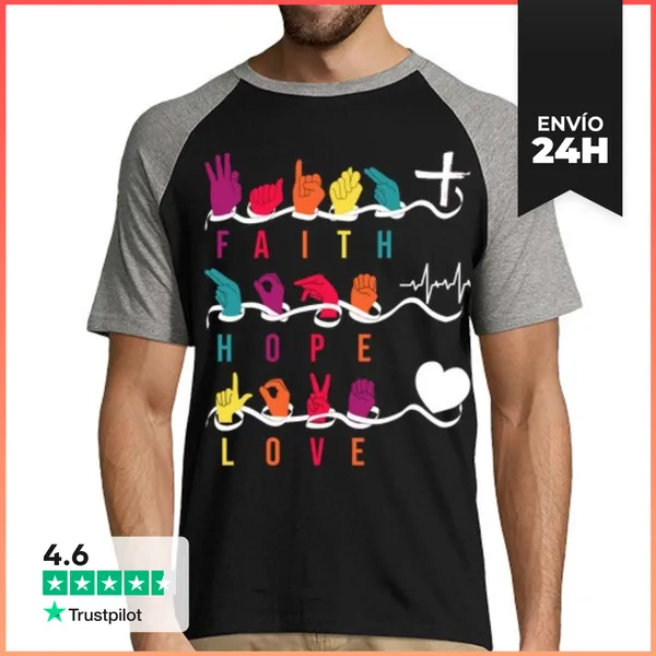 Camiseta Hombre, Estilo Béisbol Fe Esperanza Amor Asl Lenguaje De