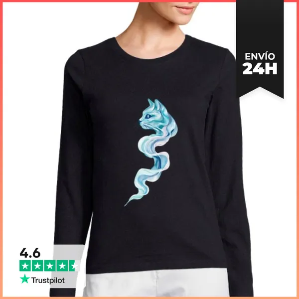 Camiseta Mujer Manga Larga Arte Abstracto De Gato En Ola De Flujo