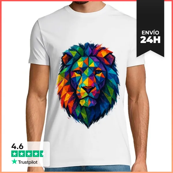 Camiseta Hombre Clásica León Imperial Colorido Geek Low-poly