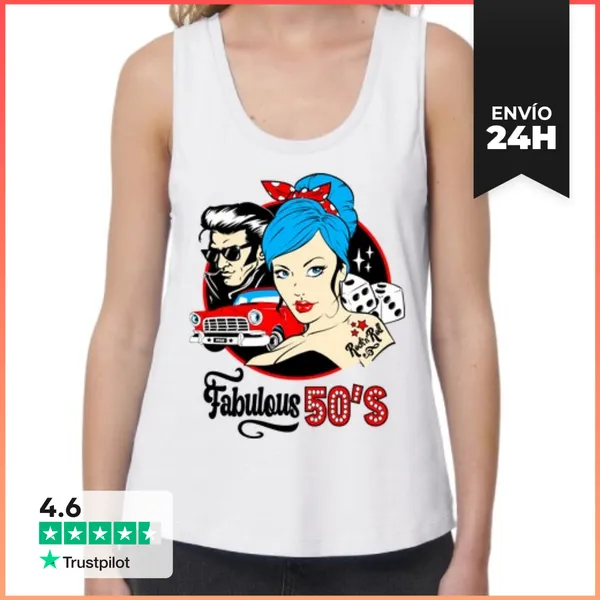 Camiseta Mujer Sin Mangas, Loose Fit Rockabilly Pin Up Girl Retro