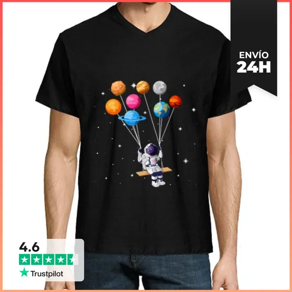 Camiseta Hombre, Cuello Pico Astronauta Planeta Columpio Sistema