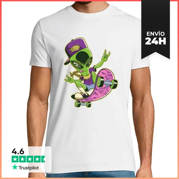 Camiseta Hombre Clásica Skater Alien Skateboarding Regalo Para