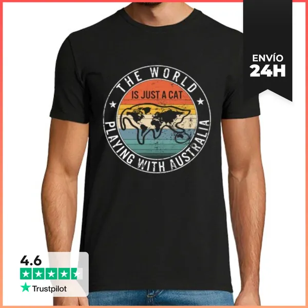 Camiseta Hombre Clásica El Mundo Es Un Gato Jugando Con Australia