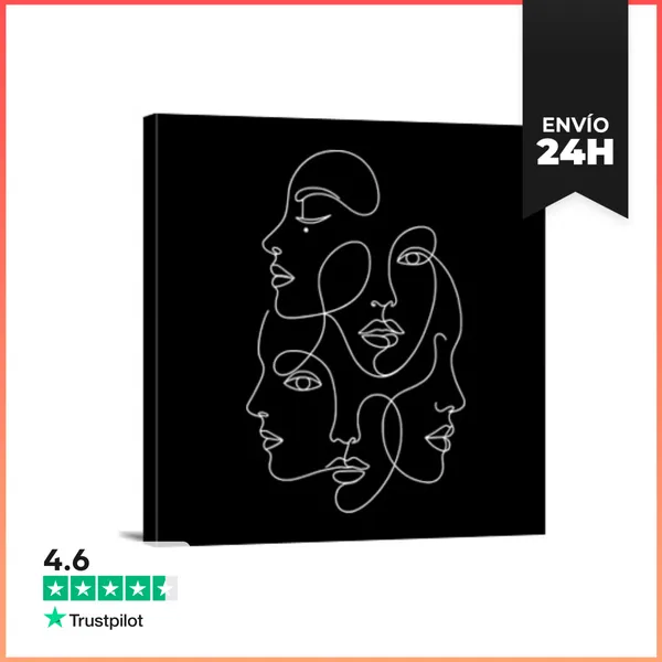 Lienzo Cuadrado Rostros Minimalistas Trazo Blanco Continuo