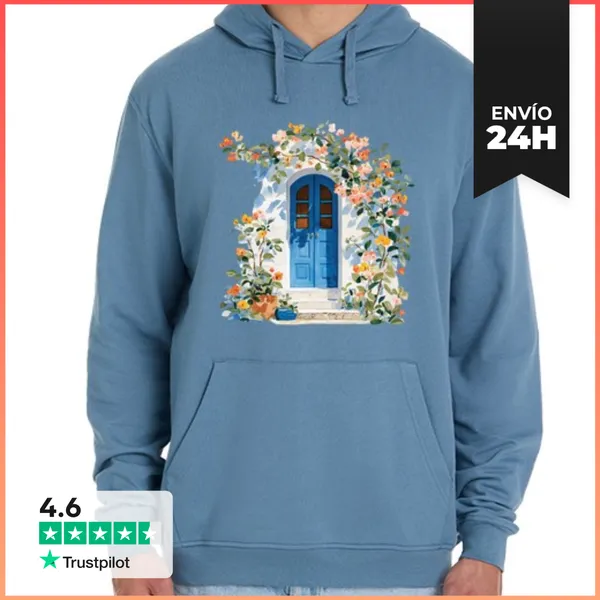 Sudadera Unisex Con Capucha Puerta Azul Floreada Con Bugambilias