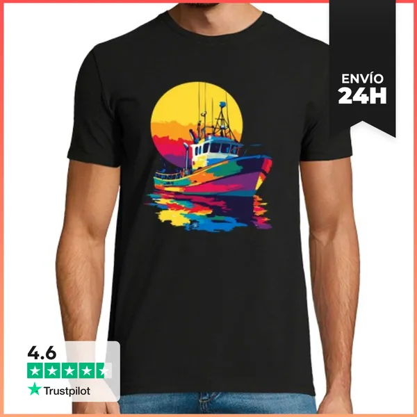 Camiseta Hombre Clásica Ilustración De Barco Pesquero En Acuare