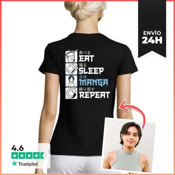 Camiseta Mujer Clásica Efecto Manga Camiseta Eat Sleep Manga