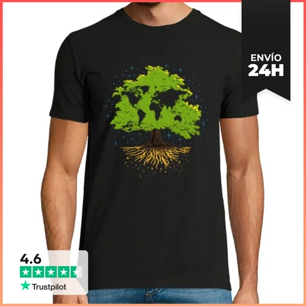 Camiseta Hombre Clásica Árbol Mundo Mapa Amante De La Naturaleza