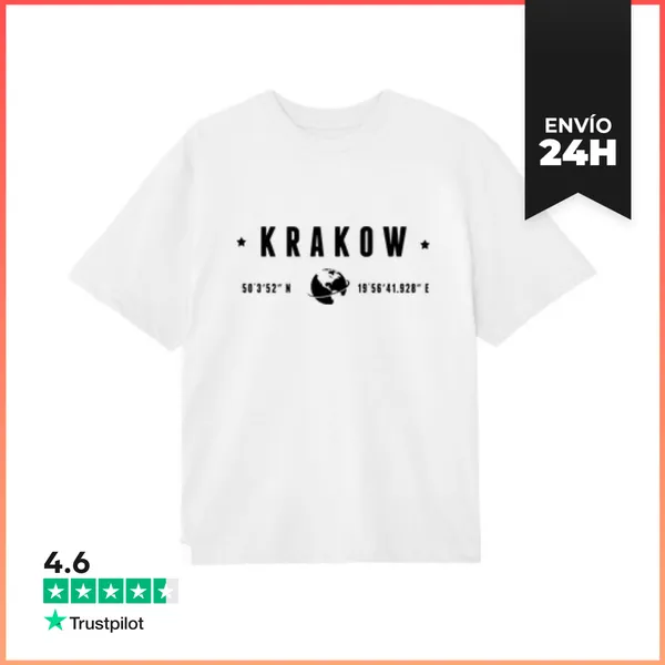 Camiseta Oversize Cracovia Texto Negro Coordenadas Geográficas Y