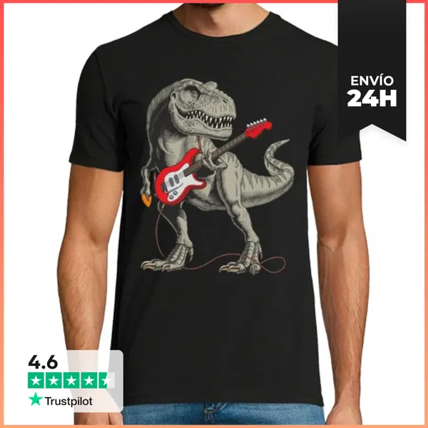 Camiseta Hombre Clásica Rock And Roll Dinosaurio Guitarrista