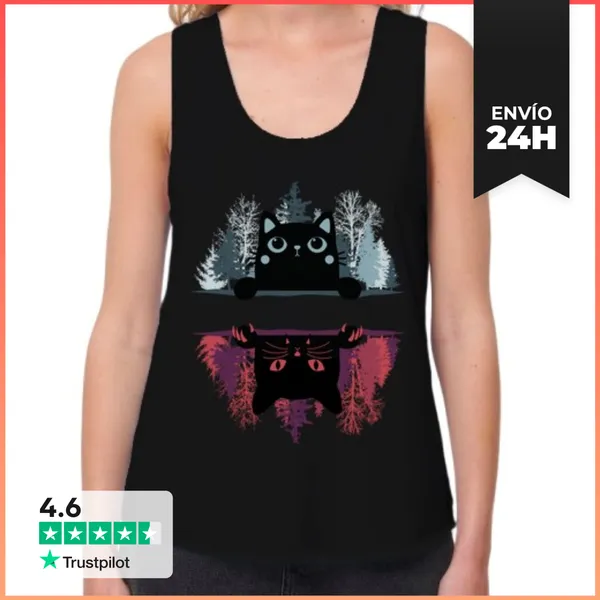 Camiseta Mujer Sin Mangas, Loose Fit Gato Simpático O Travieso Al
