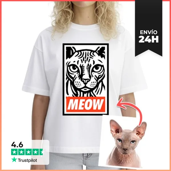 Camiseta Mujer Boxy Efecto Ilustración Camiseta Oversize MEOW