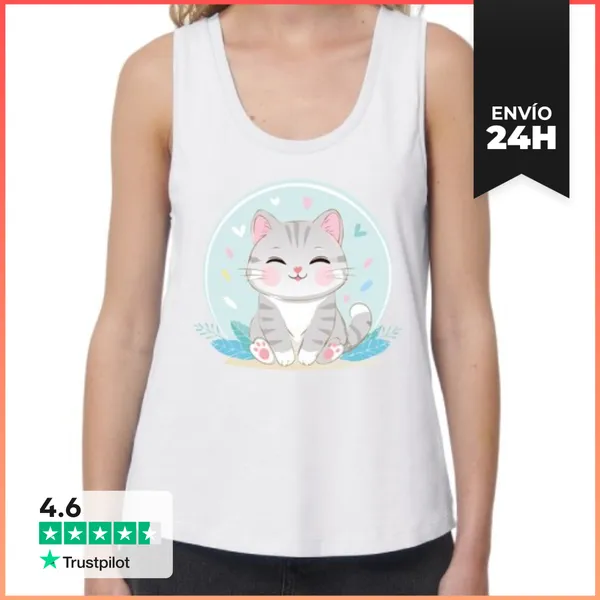 Camiseta Mujer Sin Mangas, Loose Fit Gato Kawaii LaTostadora