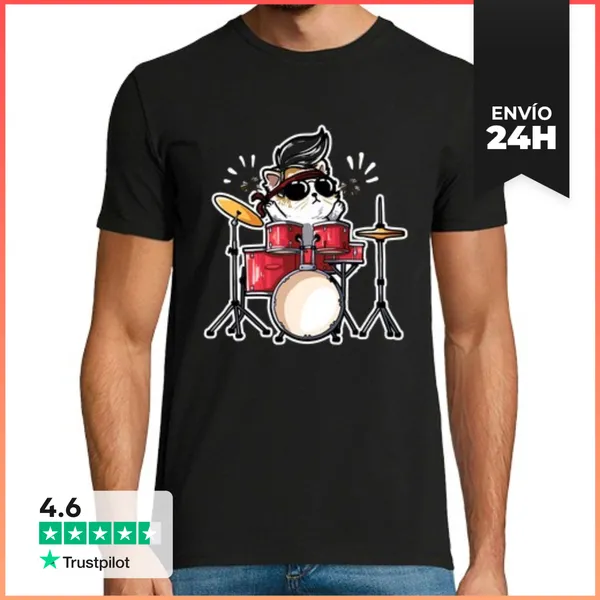 Camiseta Hombre Clásica Lindo Gato Kawaii Tocando La Batería