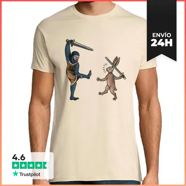 Camiseta Hombre Clásica Caballero Medieval Contra Conejo