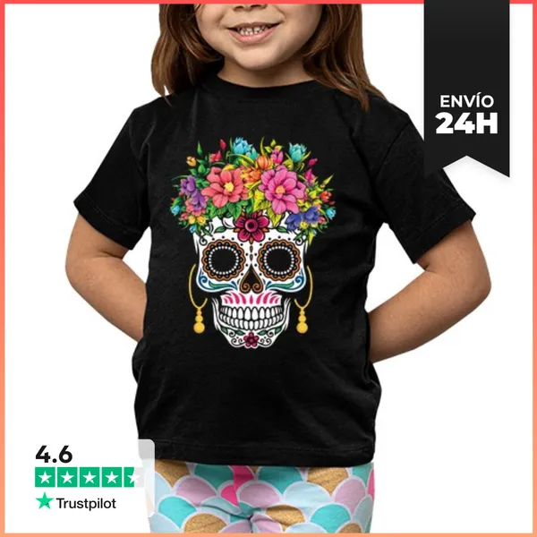Camiseta Clásica Para Niños Flor Calavera De Azúcar Muertos Dia